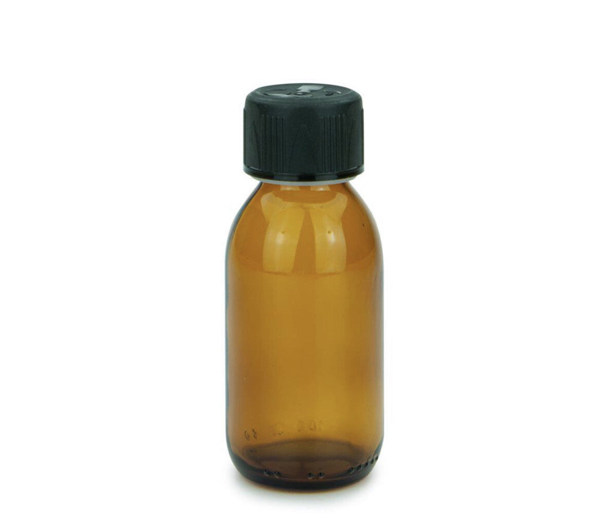 Frasco de vidrio de jarabe ámbar de 100 ml con tapón de rosca negro a prueba de niños