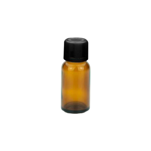 Amberkleurige glazen fles van 20 ml met zwarte kindveilige schroefdop