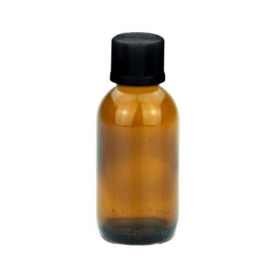Amberkleurige glazen fles 50 ml schroefdraad met zwarte kinderveilige schroefdop