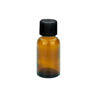 Amberkleurige glazen fles van 30 ml met zwarte kindveilige schroefdop